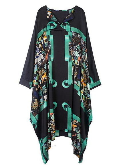 Vintage Black Green V Neck Print Fall Long Dresses - SooLinen