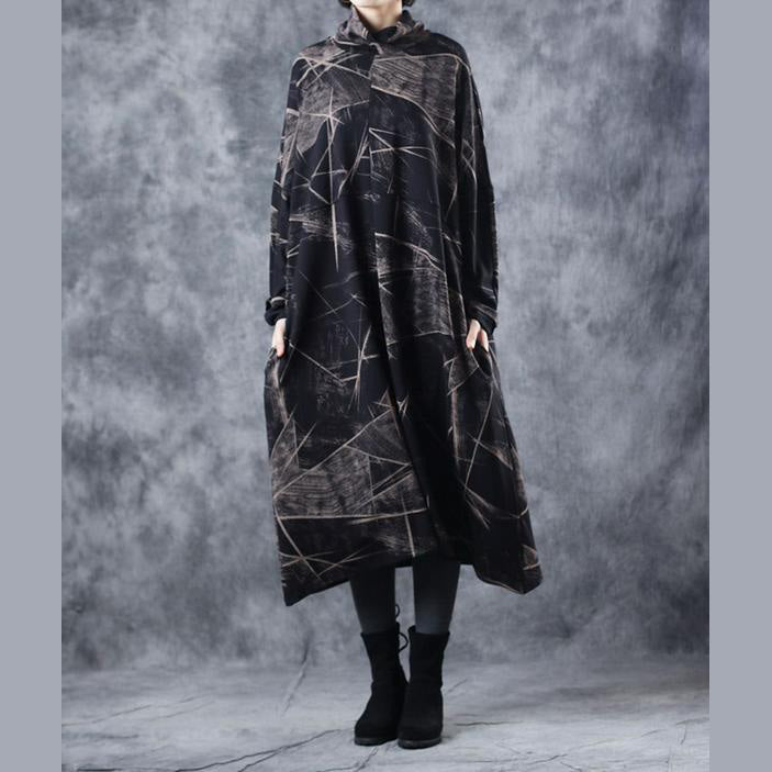 Vintage Schwarze High Neck Cotton Base Baggy Kleider für Damen