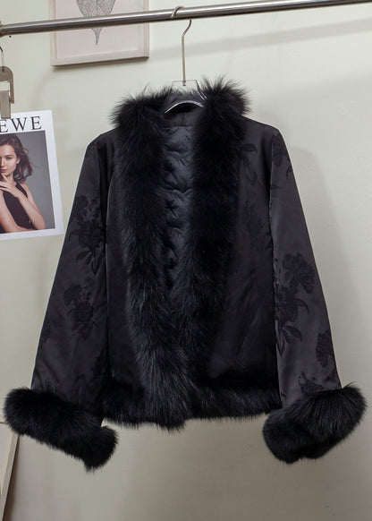 Vintage Wintermantel aus schwarzem Jacquard-Patchwork mit Fuchsfell und Entendaunen