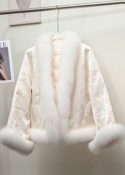 Vintage Wintermantel aus schwarzem Jacquard-Patchwork mit Fuchsfell und Entendaunen