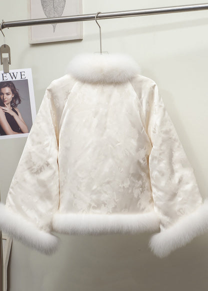 Vintage Wintermantel aus schwarzem Jacquard-Patchwork mit Fuchsfell und Entendaunen