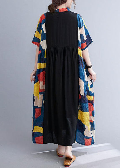 Vintage Black Loose Ruffles Pockets Patchwork Summer Dress Half Sleeve - SooLinen