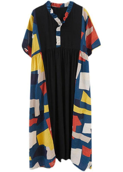 Vintage Black Loose Ruffles Pockets Patchwork Summer Dress Half Sleeve - SooLinen