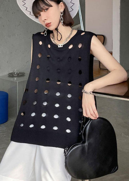 Vintage Black O Neck Hole Beach Cotton Vest - SooLinen