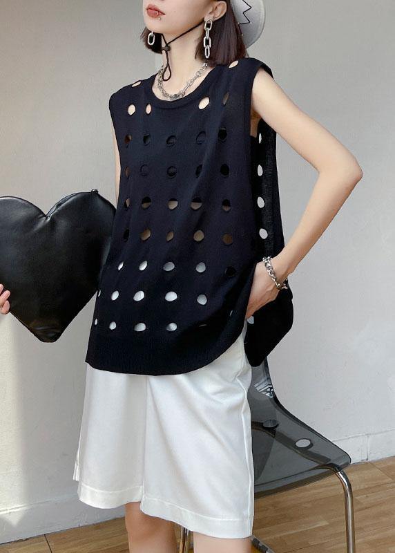 Vintage Black O Neck Hole Beach Cotton Vest - SooLinen