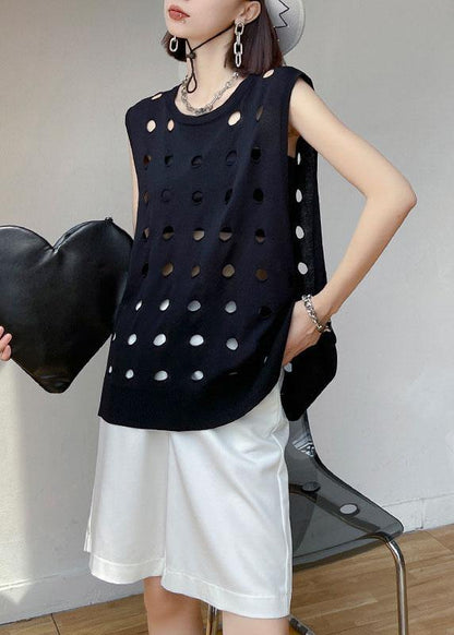 Vintage Black O Neck Hole Beach Cotton Vest - SooLinen