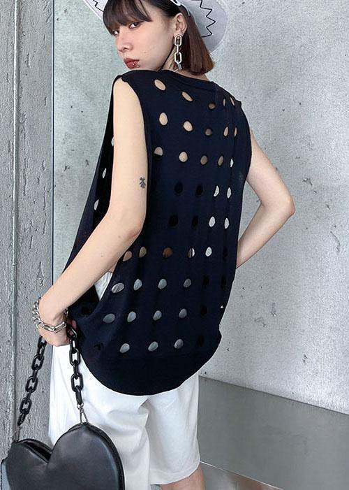 Vintage Black O Neck Hole Beach Cotton Vest - SooLinen