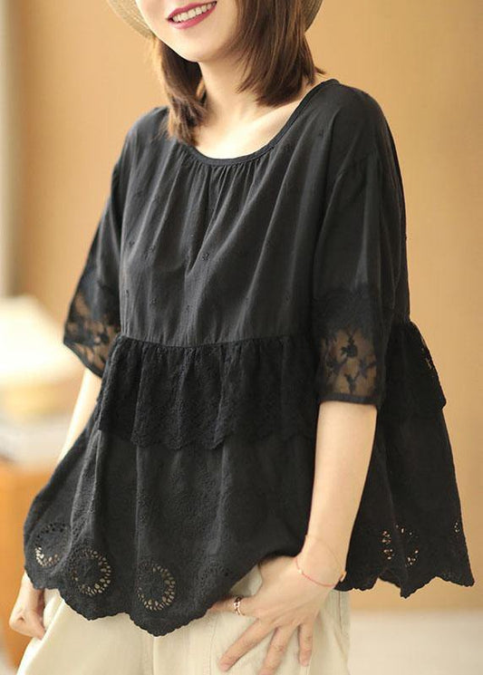 Vintage Black O-Neck Lace Patchwork Fall Half Sleeve Blouse Tops - SooLinen