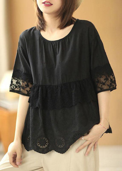 Vintage Black O-Neck Lace Patchwork Fall Half Sleeve Blouse Tops - SooLinen