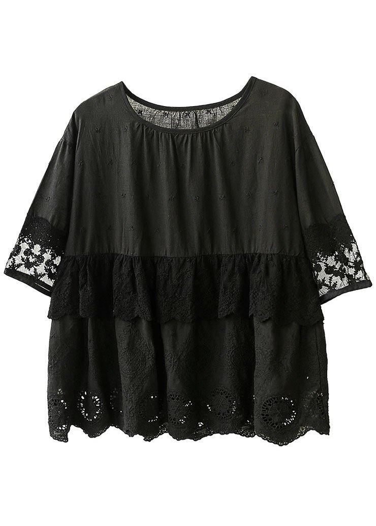 Vintage Black O-Neck Lace Patchwork Fall Half Sleeve Blouse Tops - SooLinen