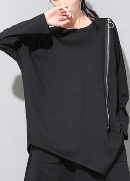 Vintage Black O-Neck Patchwork Asymmetrical Design zippered Fall Long Sleeve Top