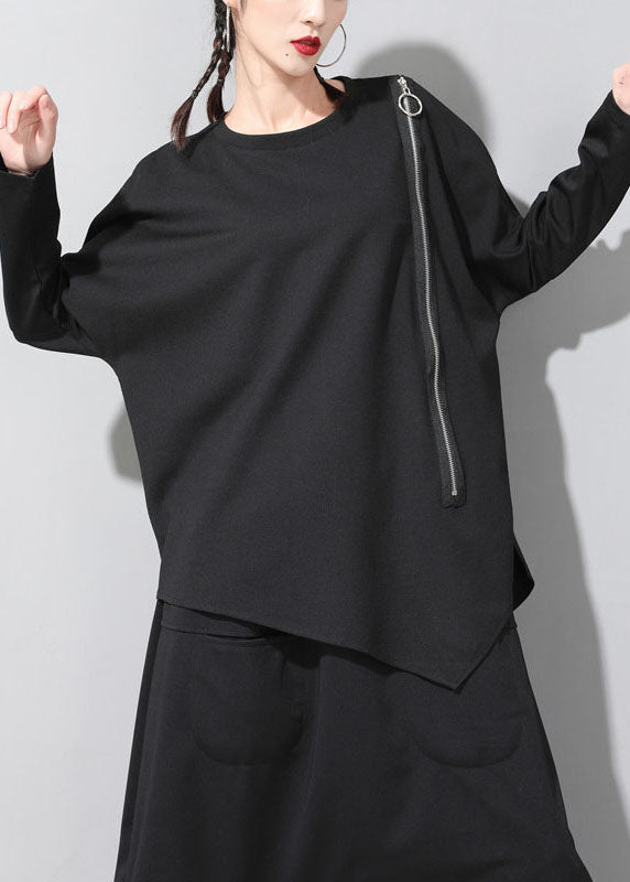 Vintage Black O-Neck Patchwork Asymmetrical Design zippered Fall Long Sleeve Top