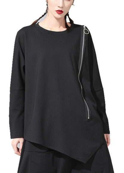 Vintage Black O-Neck Patchwork Asymmetrical Design zippered Fall Long Sleeve Top