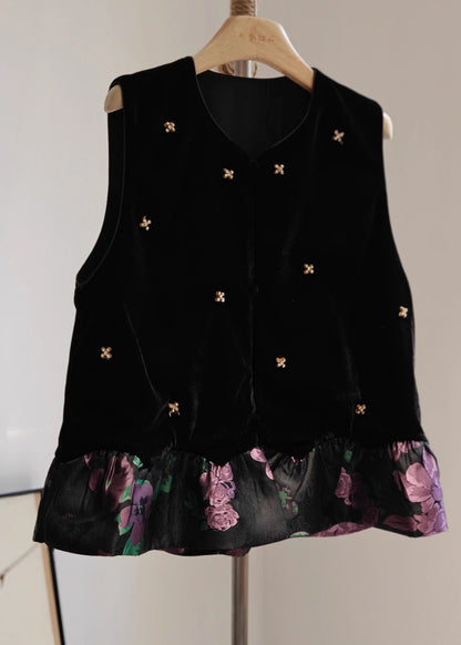 Chaleco vintage negro de terciopelo de seda con cuello redondo y patchwork sin mangas
