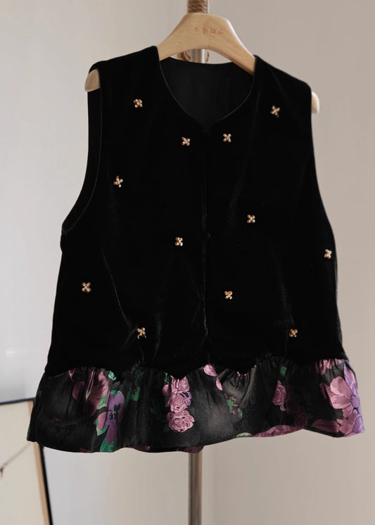 Chaleco vintage negro de terciopelo de seda con cuello redondo y patchwork sin mangas