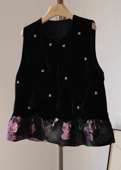 Chaleco vintage negro de terciopelo de seda con cuello redondo y patchwork sin mangas
