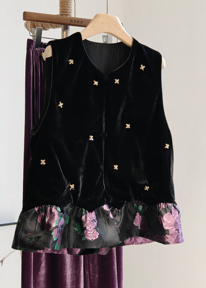 Chaleco vintage negro de terciopelo de seda con cuello redondo y patchwork sin mangas