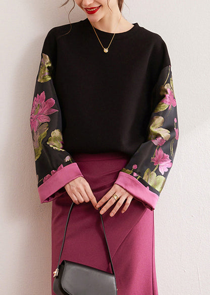 Vintage Black O-Neck Print Silk Cotton Pullover Spring