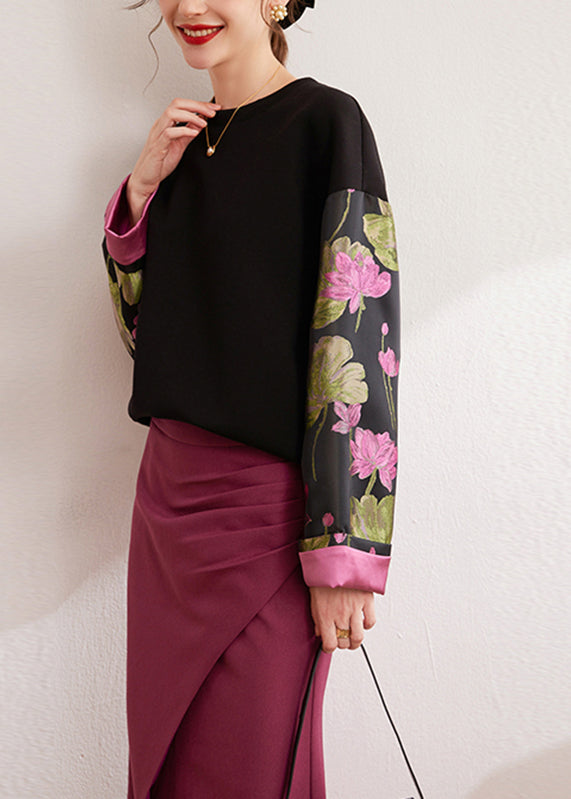 Vintage Black O-Neck Print Silk Cotton Pullover Spring