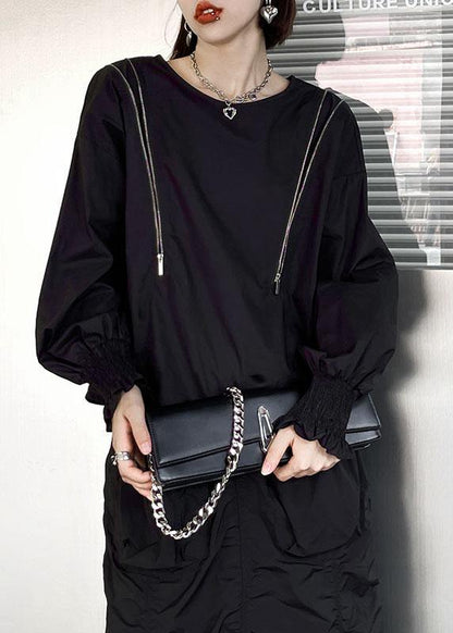 Vintage Black O-Neck Zippered Fall Top Long Sleeve - SooLinen