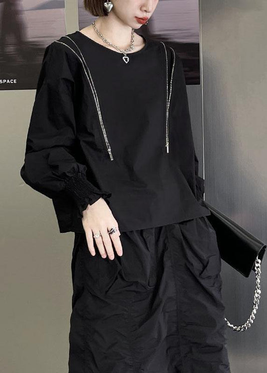 Vintage Black O-Neck Zippered Fall Top Long Sleeve - SooLinen