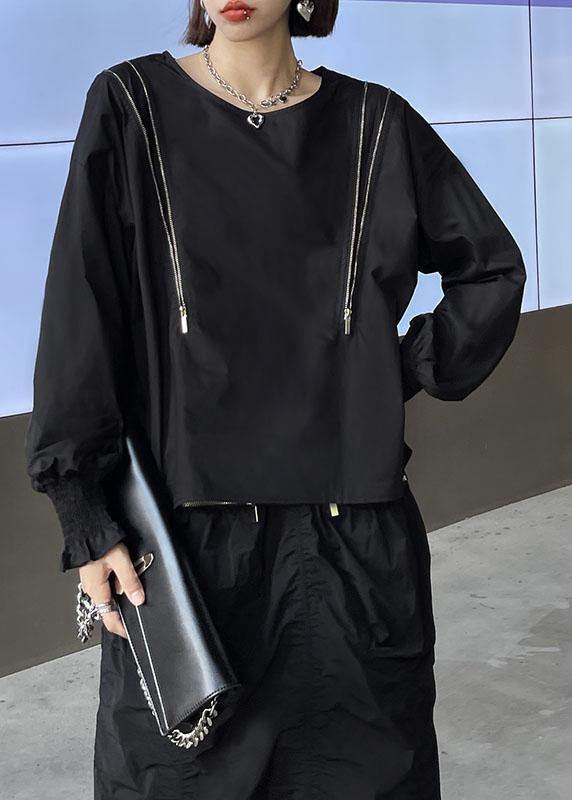 Vintage Black O-Neck Zippered Fall Top Long Sleeve - SooLinen