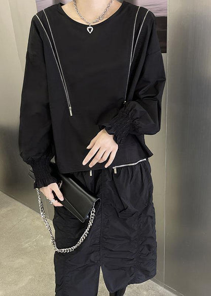 Vintage Black O-Neck Zippered Fall Top Long Sleeve - SooLinen