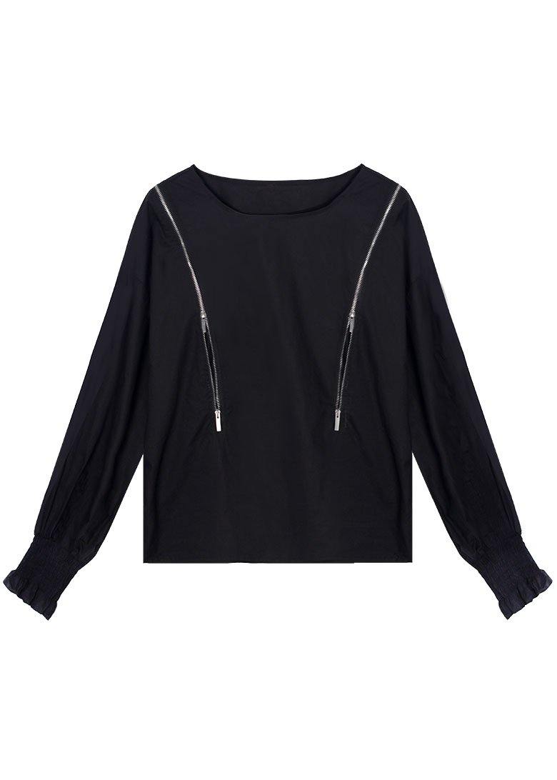 Vintage Black O-Neck Zippered Fall Top Long Sleeve - SooLinen
