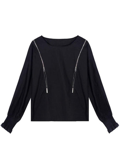 Vintage Black O-Neck Zippered Fall Top Long Sleeve - SooLinen