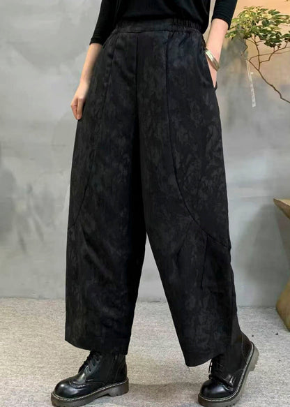 Vintage Black Oversized Jacquard Fine Cotton Filled Harem Pants Winter