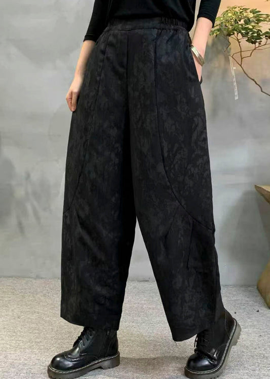 Vintage Black Oversized Jacquard Fine Cotton Filled Harem Pants Winter