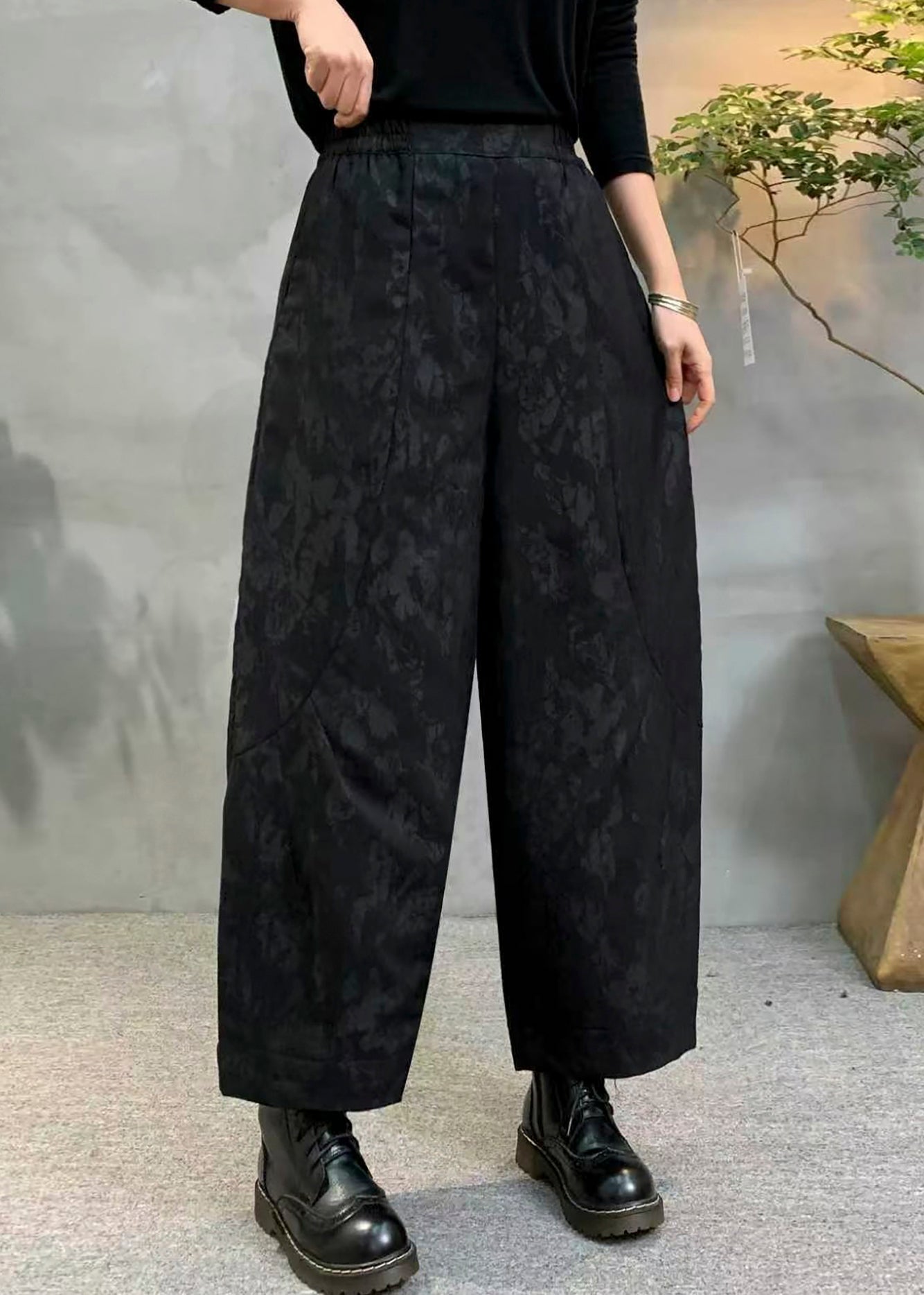 Vintage Black Oversized Jacquard Fine Cotton Filled Harem Pants Winter