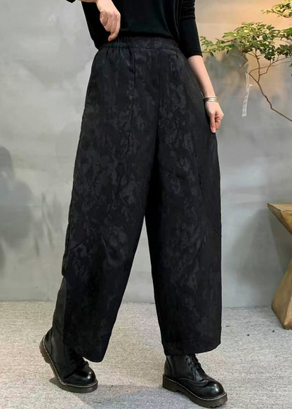 Vintage Black Oversized Jacquard Fine Cotton Filled Harem Pants Winter