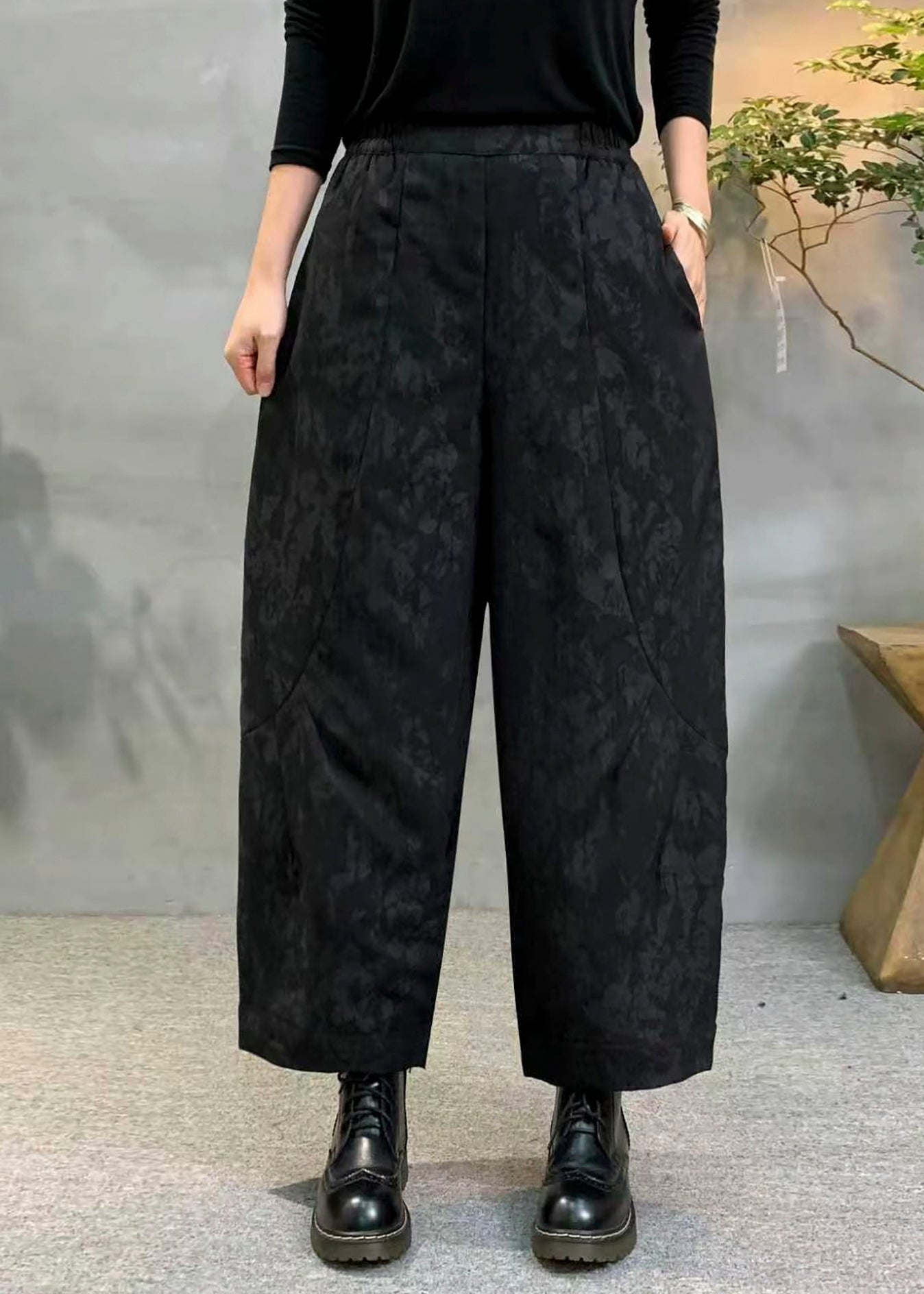 Vintage Black Oversized Jacquard Fine Cotton Filled Harem Pants Winter