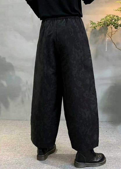 Vintage Black Oversized Jacquard Fine Cotton Filled Harem Pants Winter