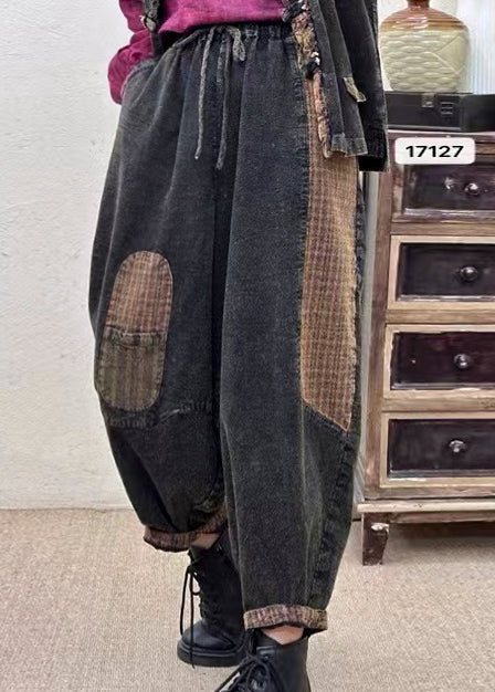 Vintage Schwarze Oversize-Leinen-Haremshose mit Patchwork-Applikationen für den Frühling