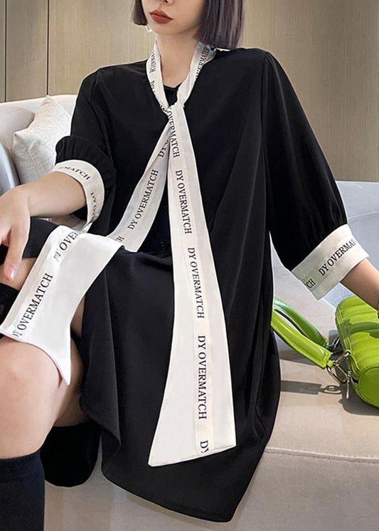 Vintage Black Patchwork Print Chiffon Button Blouse Tops - SooLinen