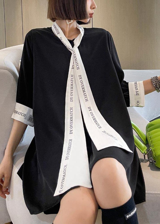 Vintage Black Patchwork Print Chiffon Button Blouse Tops - SooLinen