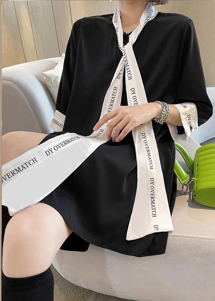 Vintage Black Patchwork Print Chiffon Button Blouse Tops - SooLinen