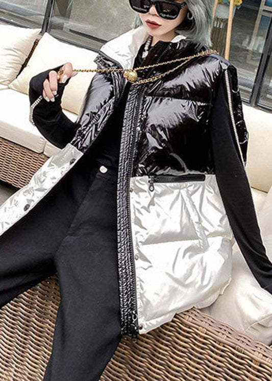 Vintage Schwarz Patchwork Weiß Taschen Schleife Winter Ärmellose Puffer Weste