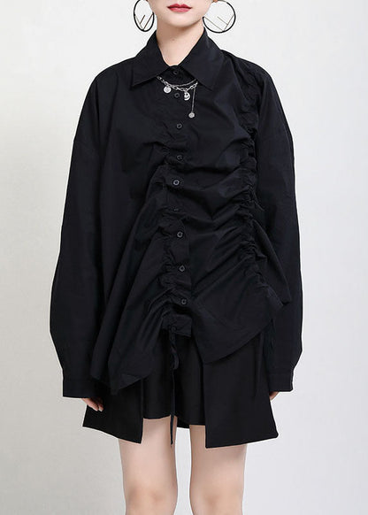 Vintage Schwarz Peter Pan Kragen Knopf Asymmetrisches Design Kordelzug Herbst Shirts Langarm