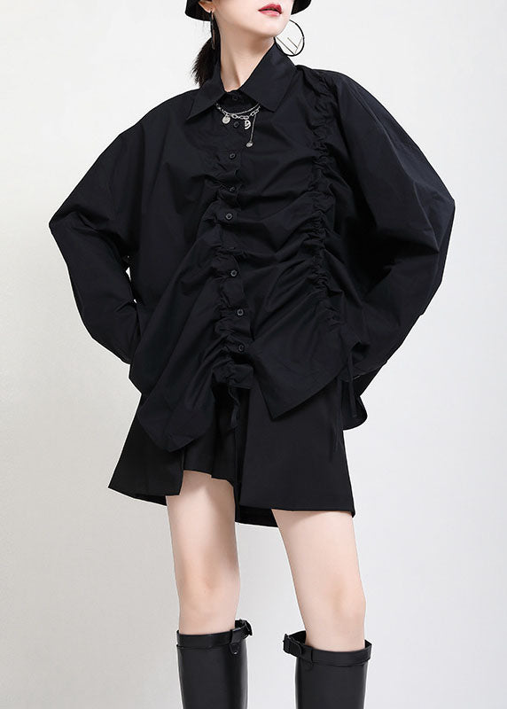 Vintage Schwarz Peter Pan Kragen Knopf Asymmetrisches Design Kordelzug Herbst Shirts Langarm