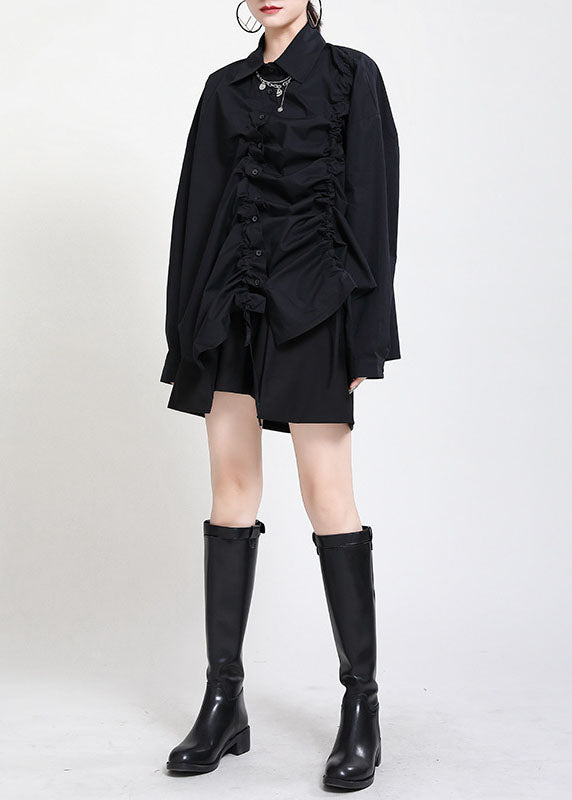 Vintage Schwarz Peter Pan Kragen Knopf Asymmetrisches Design Kordelzug Herbst Shirts Langarm