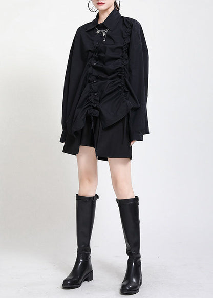 Vintage Schwarz Peter Pan Kragen Knopf Asymmetrisches Design Kordelzug Herbst Shirts Langarm