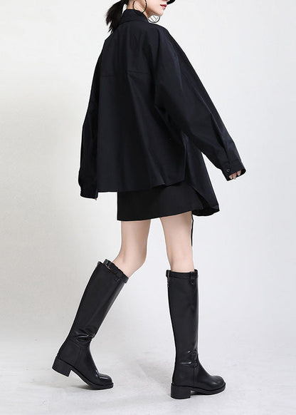 Vintage Schwarz Peter Pan Kragen Knopf Asymmetrisches Design Kordelzug Herbst Shirts Langarm