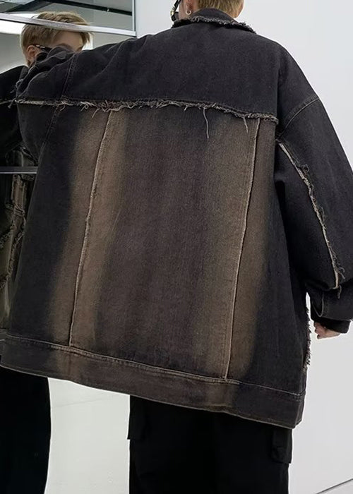 Vintage Black Peter Pan Collar Pockets Denim Mens Coats Fall