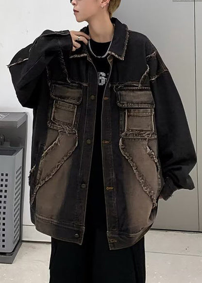 Vintage Black Peter Pan Collar Pockets Denim Mens Coats Fall
