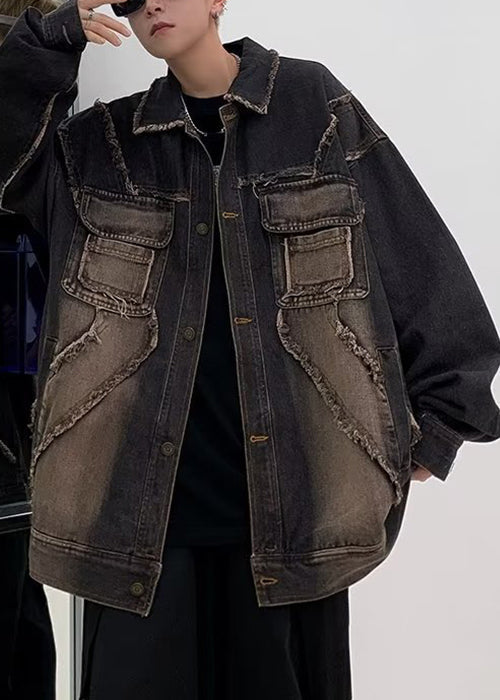 Vintage Black Peter Pan Collar Pockets Denim Mens Coats Fall