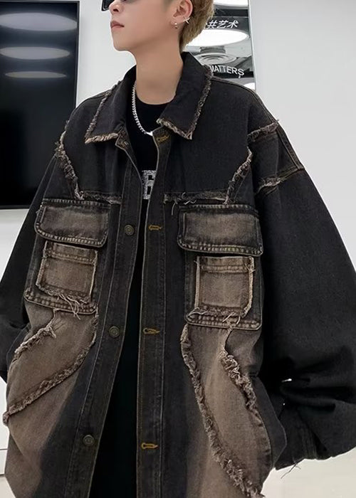 Vintage Black Peter Pan Collar Pockets Denim Mens Coats Fall