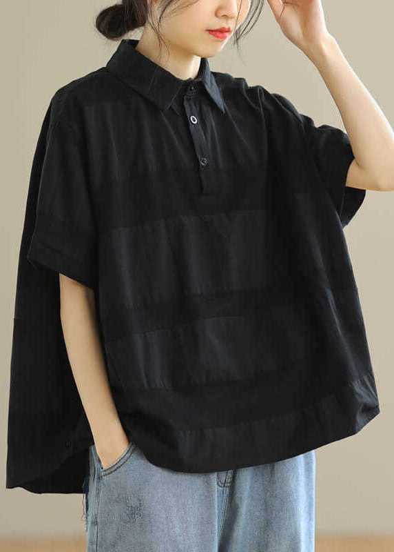 Vintage Schwarz PeterPan Kragen Knopf Lose Herbst Shirts Halbarm